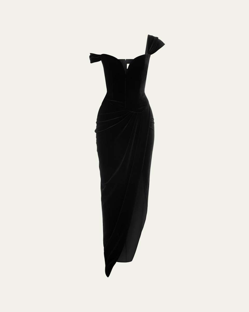 Velvet Off-Shoulder Corset Drape Front Gown
